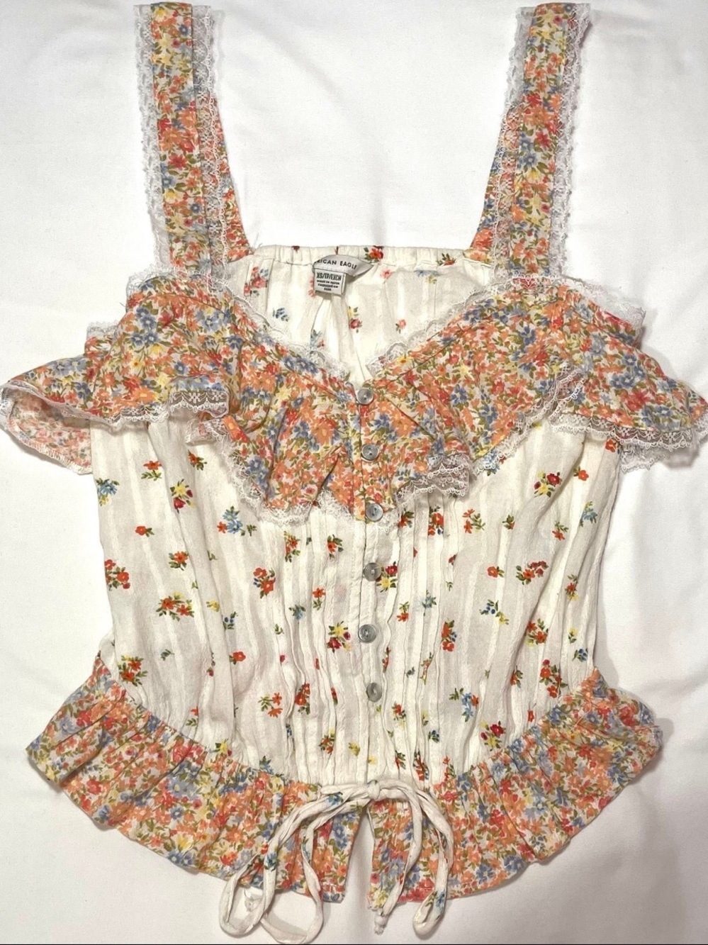 American Eagle Outfitters White Floral Ruffled Button-Front Camisole